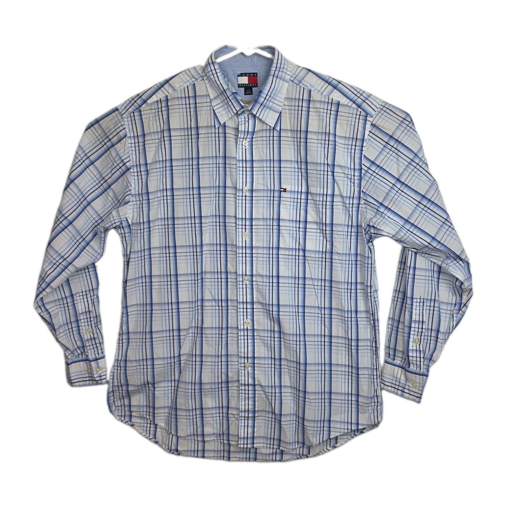 VTG‎ Tommy Hilfiger Button-Up Shirt Men's L White/Blue Plaid Long Sleeves